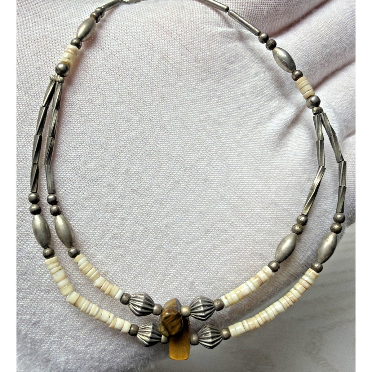 Vtg Liquid Silver Heishi Bead Tigers Eye Stone Necklace Sterling Southwestern