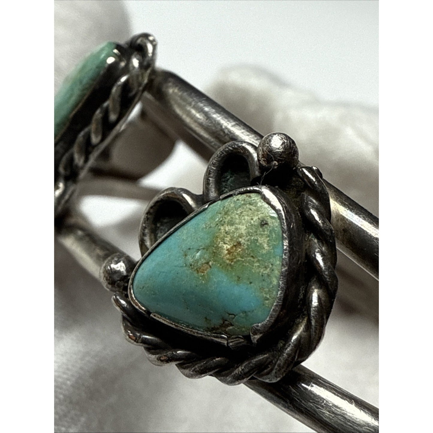 Vintage Native Sterling Silver Turquoise Cuff Bracelet Ornate 3 Stone As Is