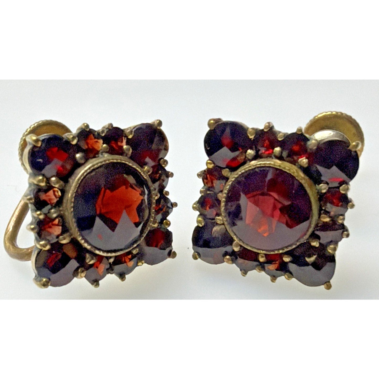 Victorian Red Garnet Star Snowflake Cluster Germany Brooch Pin Screw Earrings