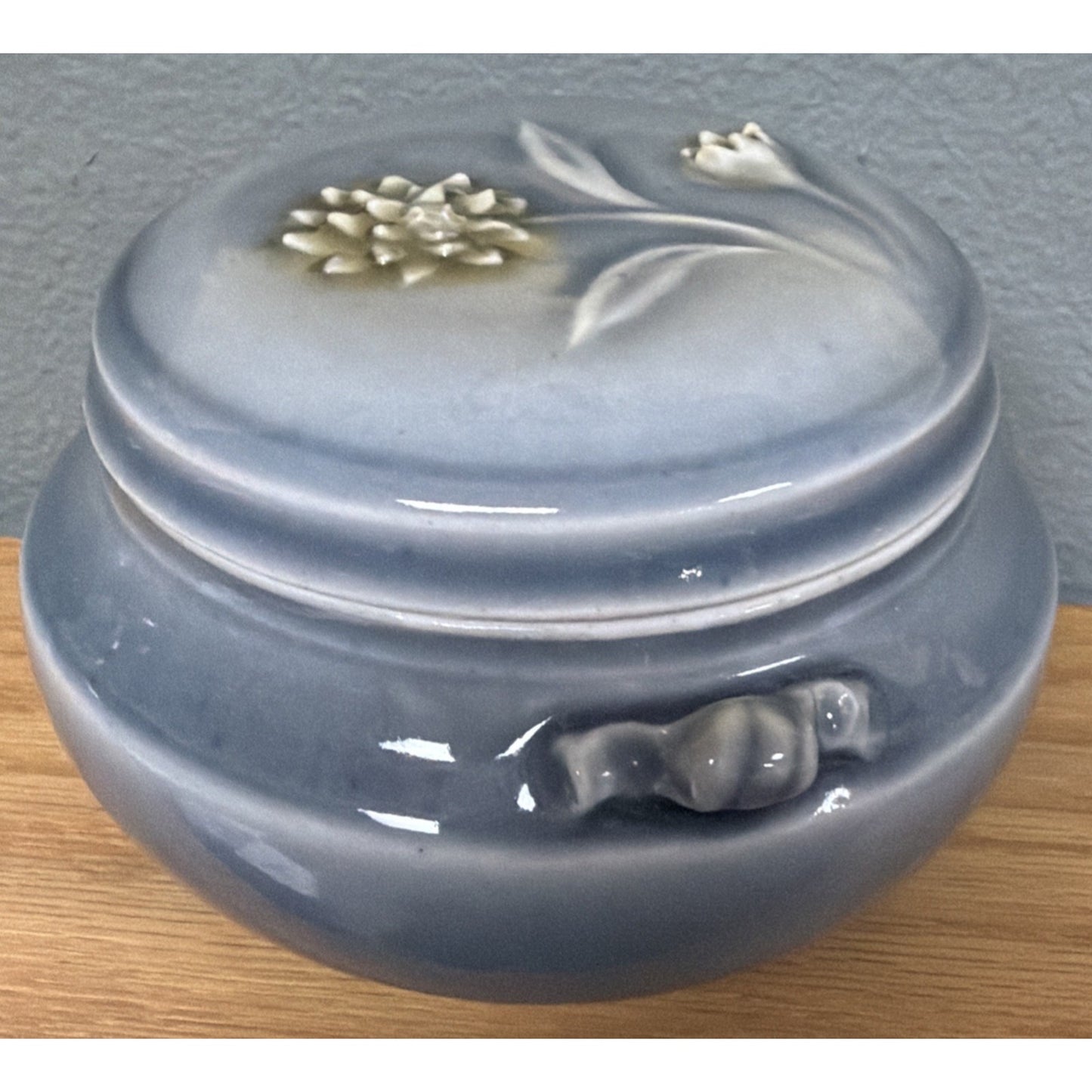 Vtg Celadon Tea Caddy Ginger Jar Embossed Chrysanthemum Blue Gray Handles Signed