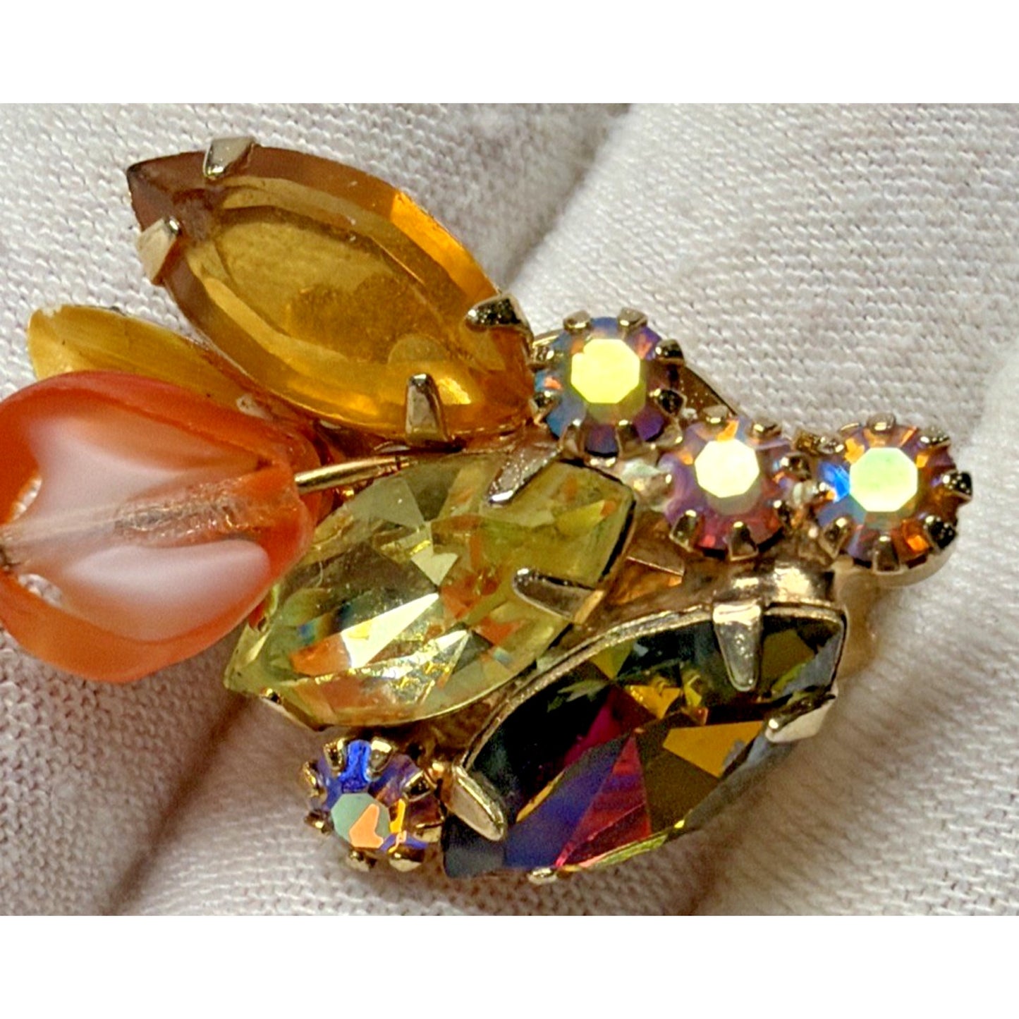 Juliana Yellow Amber Topaz Rhinestone Art Glass Window Bead Givre Clip Earrings