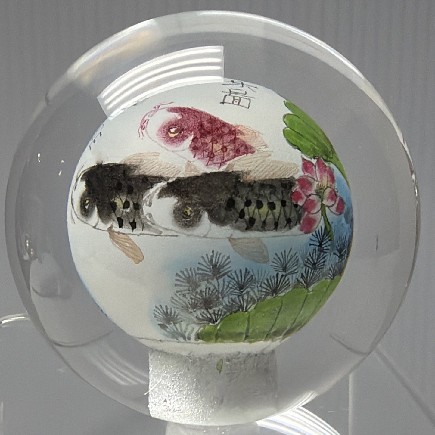 Vtg Asian Reverse Painted Glass Ball Paperweight Fish Lotus Tree Plenty of Fish