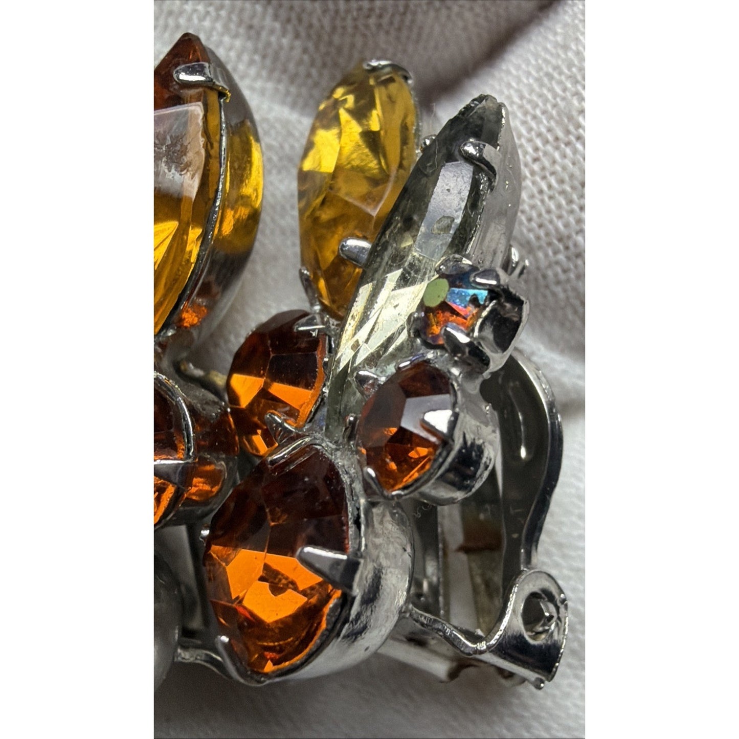 Juliana Smoke Gray Aurora Borealis Amber Topaz Rhinestone Spray Clip Earrings