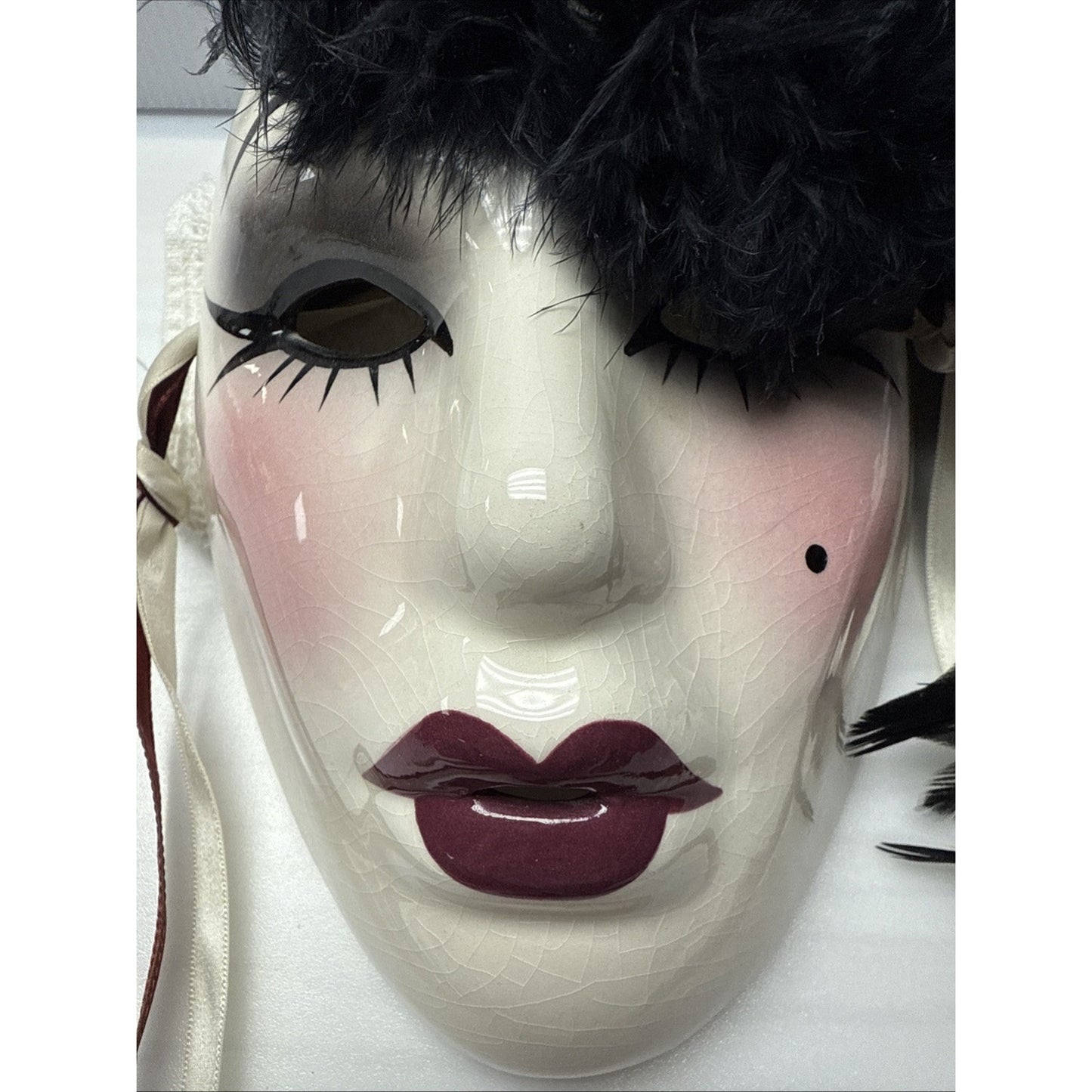 Unique Creations Ceramic Glazed Mask Feathers Pearl Signed Sticker 318/500 As-Is