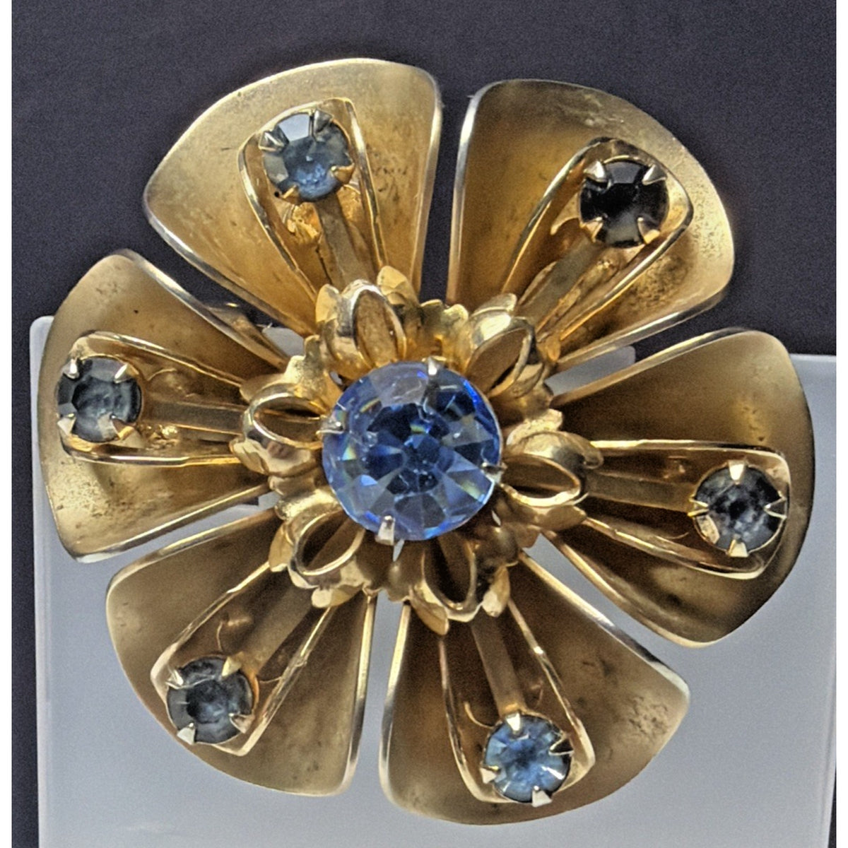 Vintage Gold Tone Blue Rhinestone Flower Blossom Brooch Ornate