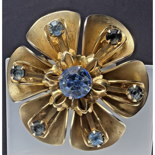 Vintage Gold Tone Blue Rhinestone Flower Blossom Brooch Ornate