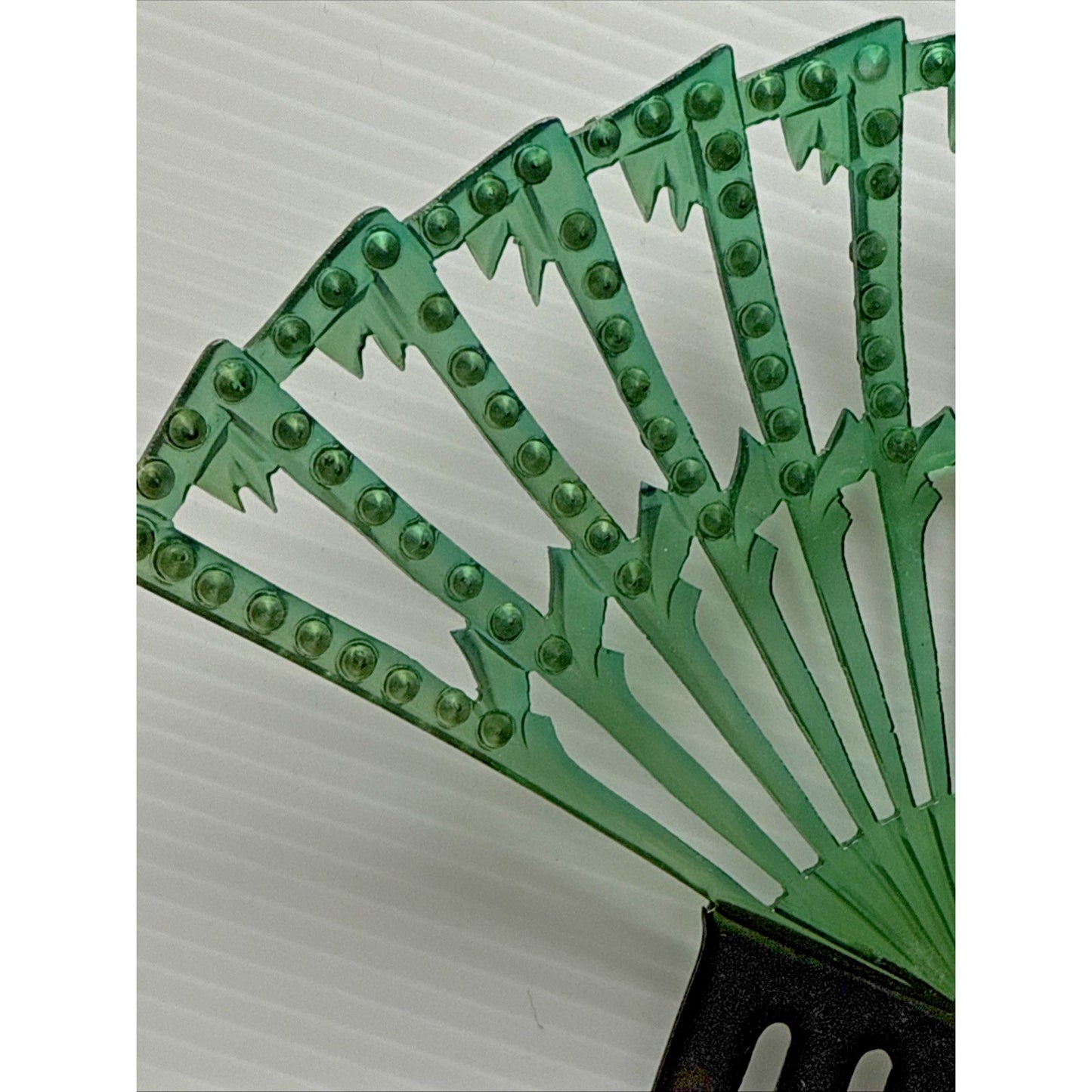 Art Deco Large Fan Shape Hair Comb Green Black Celluloid Rhinestone As-Is