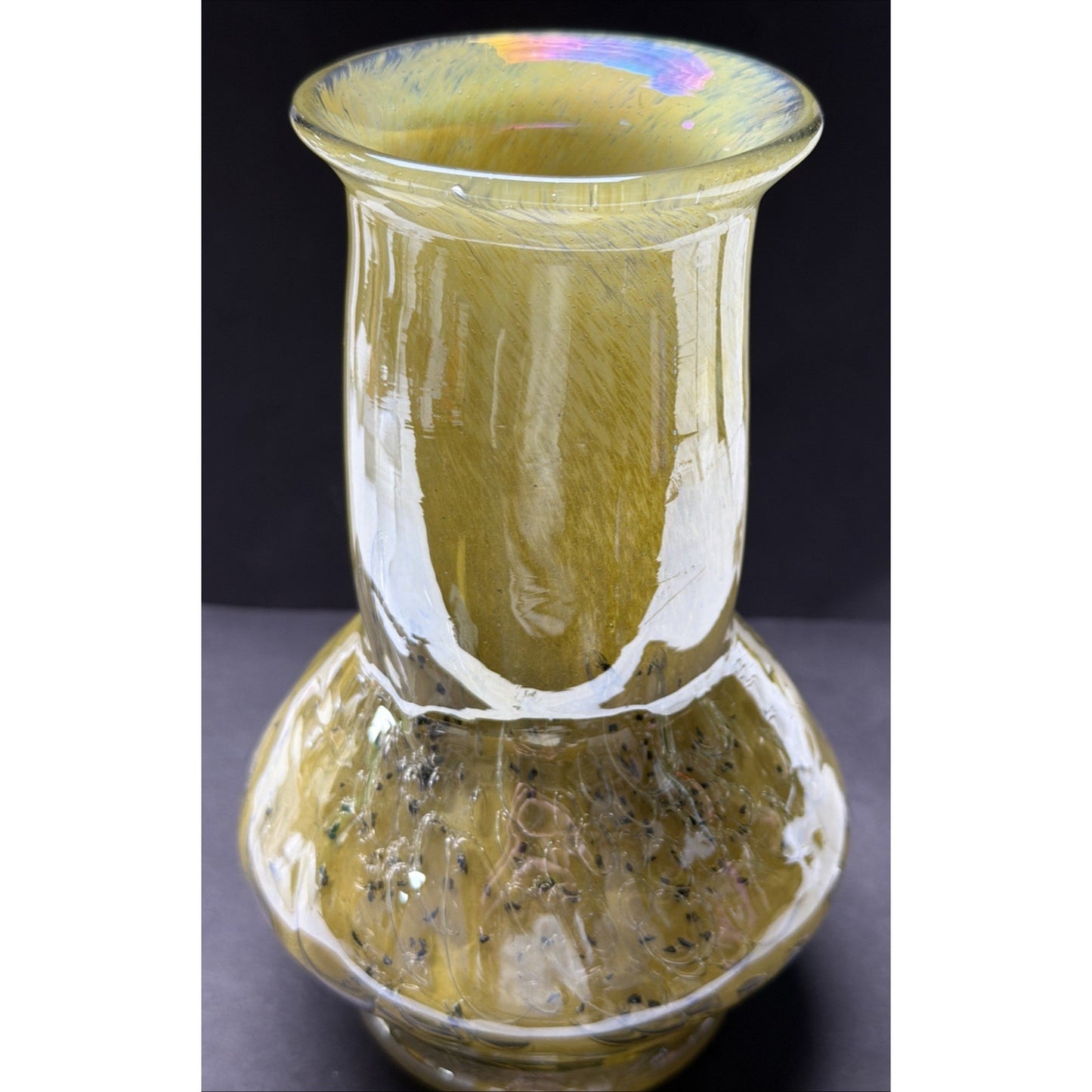 MCM French Studio Art Glass Yellow Bubbles Infused Iridescent Cased Vase As Is