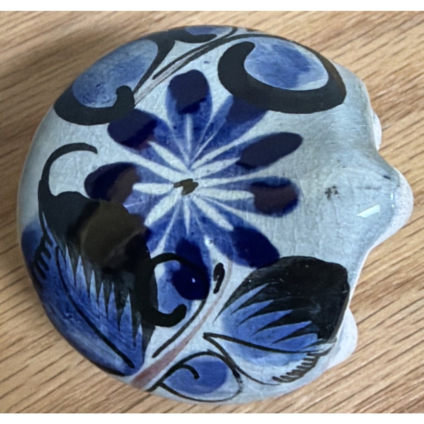 Vintage Mexican Tonala Pottery Owl Hand Painted Glazed Floral Yellow Nose As Is