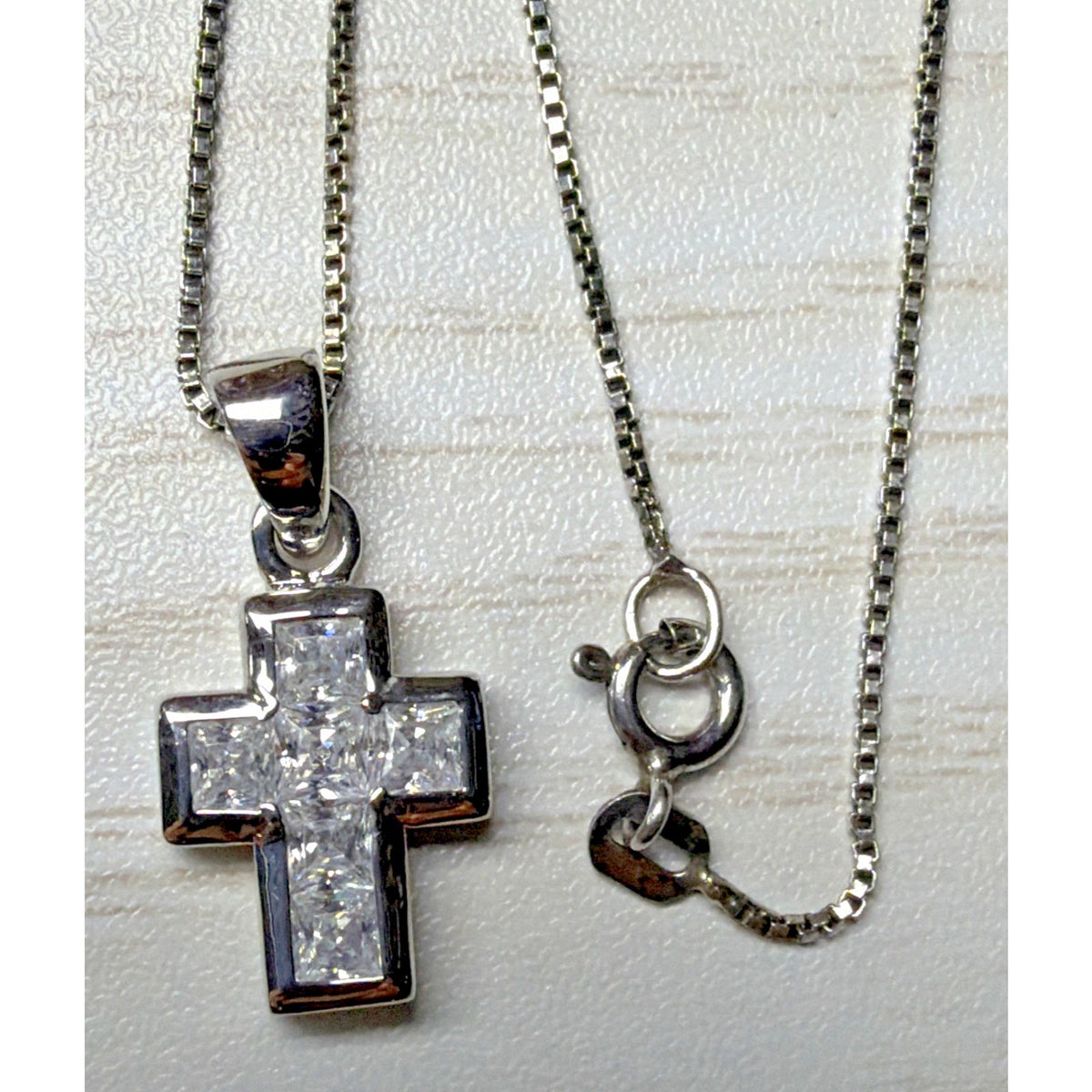 Sterling Silver Religious Cross Pendant Necklace Princess Cut Crystals Box Chain