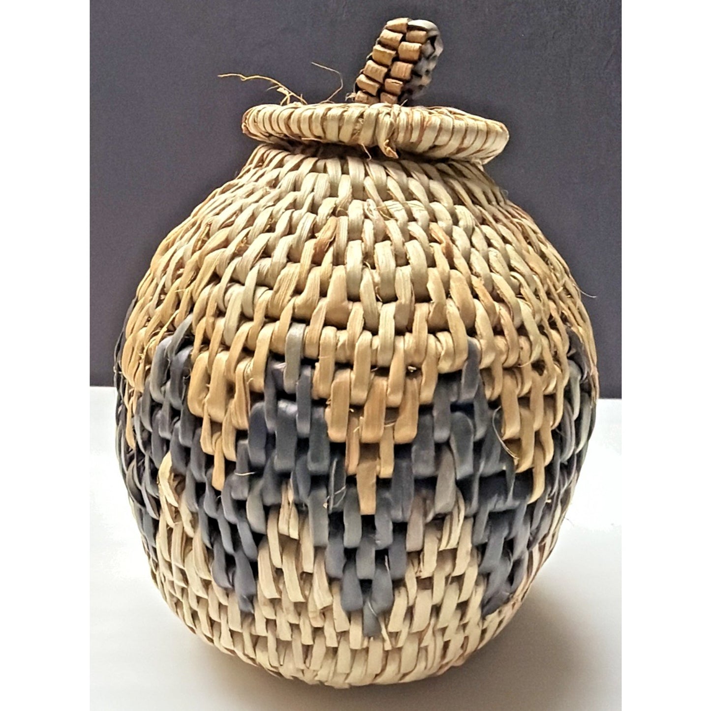 Zulu Palm Fiber Herb Basket With Lid South Africa Handwoven Geometric Pattern