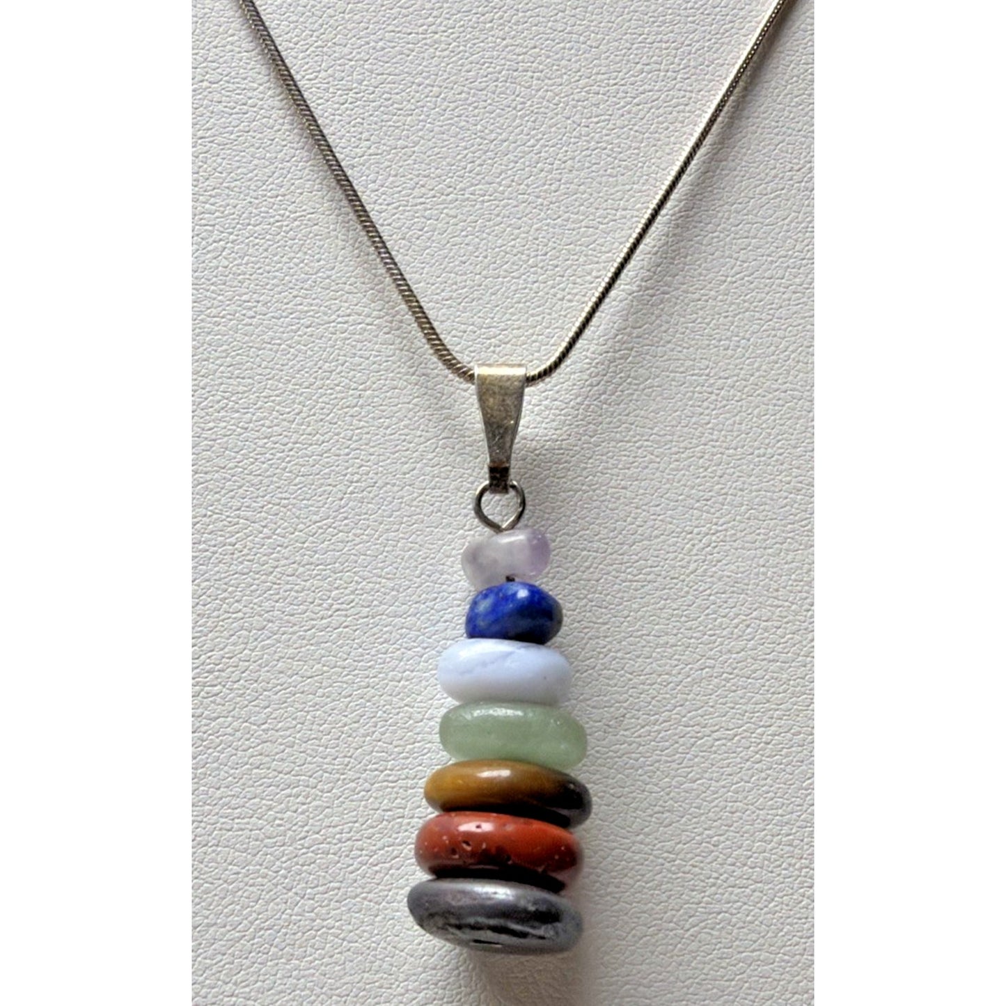 Vtg Semi Precious Stacked Stone Pendant Sterling Silver 18 Inch Chain Necklace
