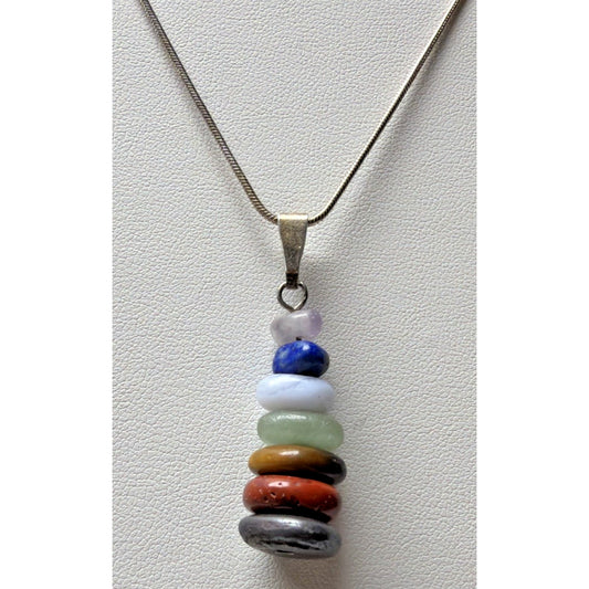 Vtg Semi Precious Stacked Stone Pendant Sterling Silver 18 Inch Chain Necklace