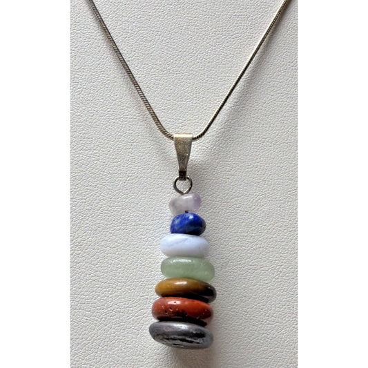 Vtg Semi Precious Stacked Stone Pendant Sterling Silver 18 Inch Chain Necklace