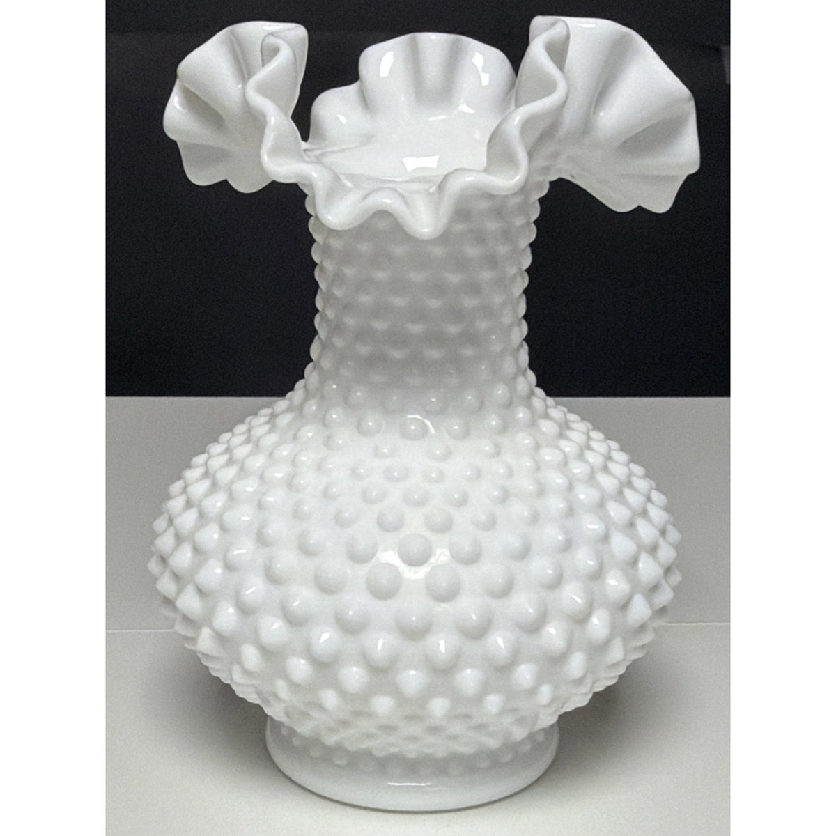 Vintage Fenton Milk Glass Vase Hobnail Ruffled Crimped Rim