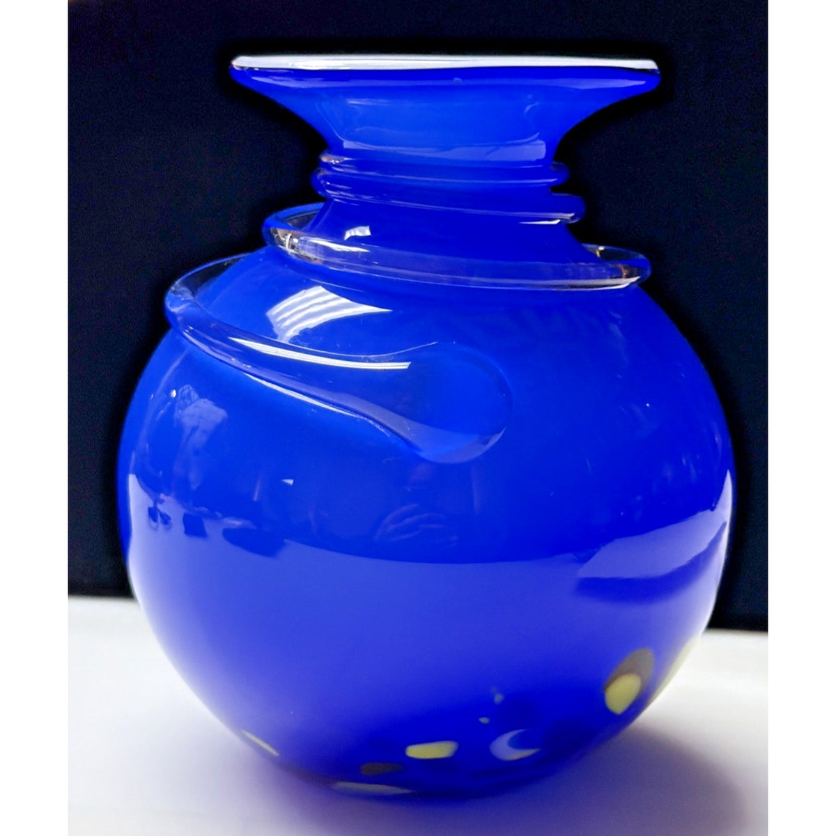Modern Cobalt Blue Abstract Cased Art Glass Vase Spiral Confetti Spots