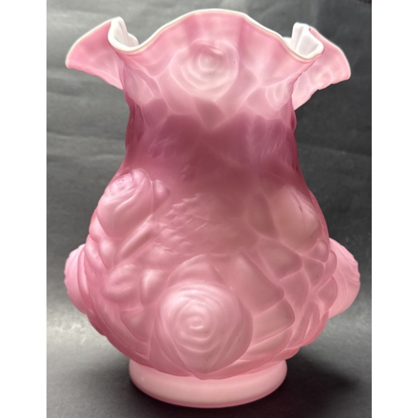 Vintage Fenton LG Wright Embossed Puffy Rose Pink Overlay White Satin Vase As-Is