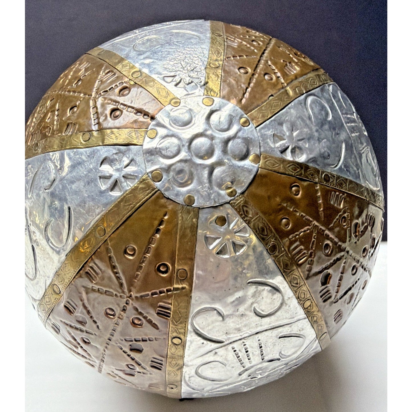Vtg Mixed Metal Wrapped Sphere Orb Hand Tooled Design Ornate Ball Brass Bronze