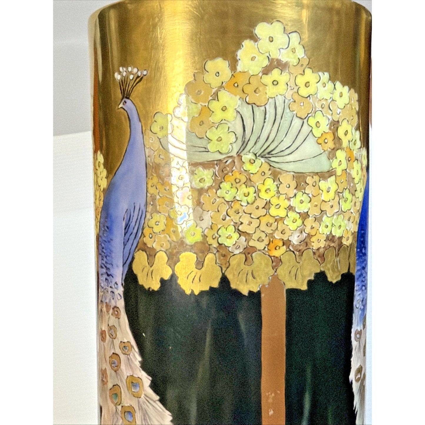 Antique Rosenthal Selb Bavaria Hand Painted Peacock Vase Black Gold As Is