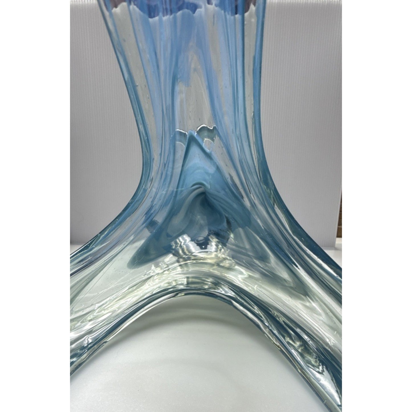 MCM Sooner Art Glass Tulip Trumpet Vase Blue Green Spiral Coiled Base 12" Read