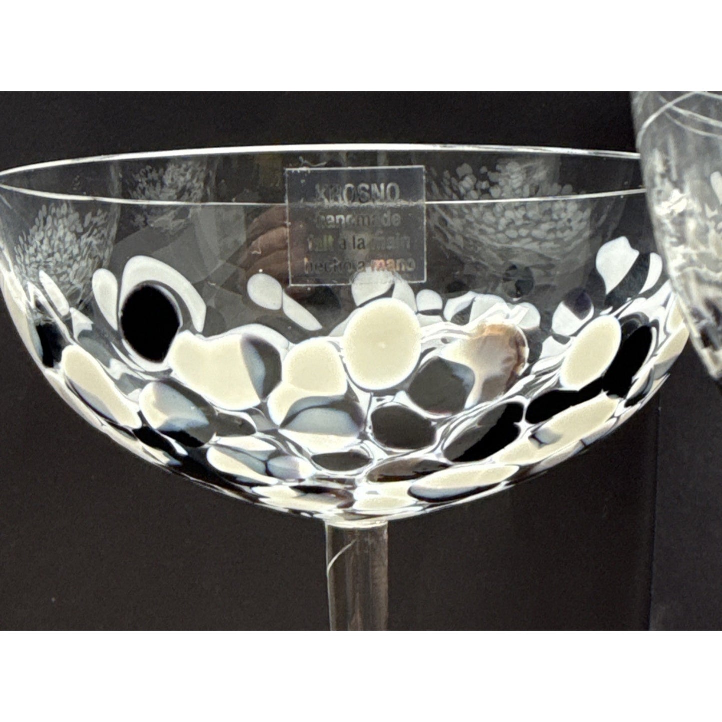 Lot of 4 Krosno Poland Long Stem Champagne Coupe Black White Mottled Marbled