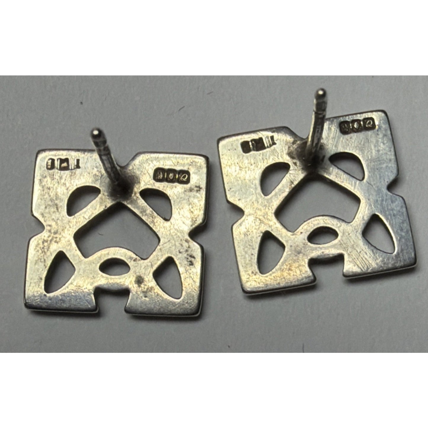 Vtg Dublin Ireland Celtic Stud Earrings Cut Out Square Sterling Signed No Backs