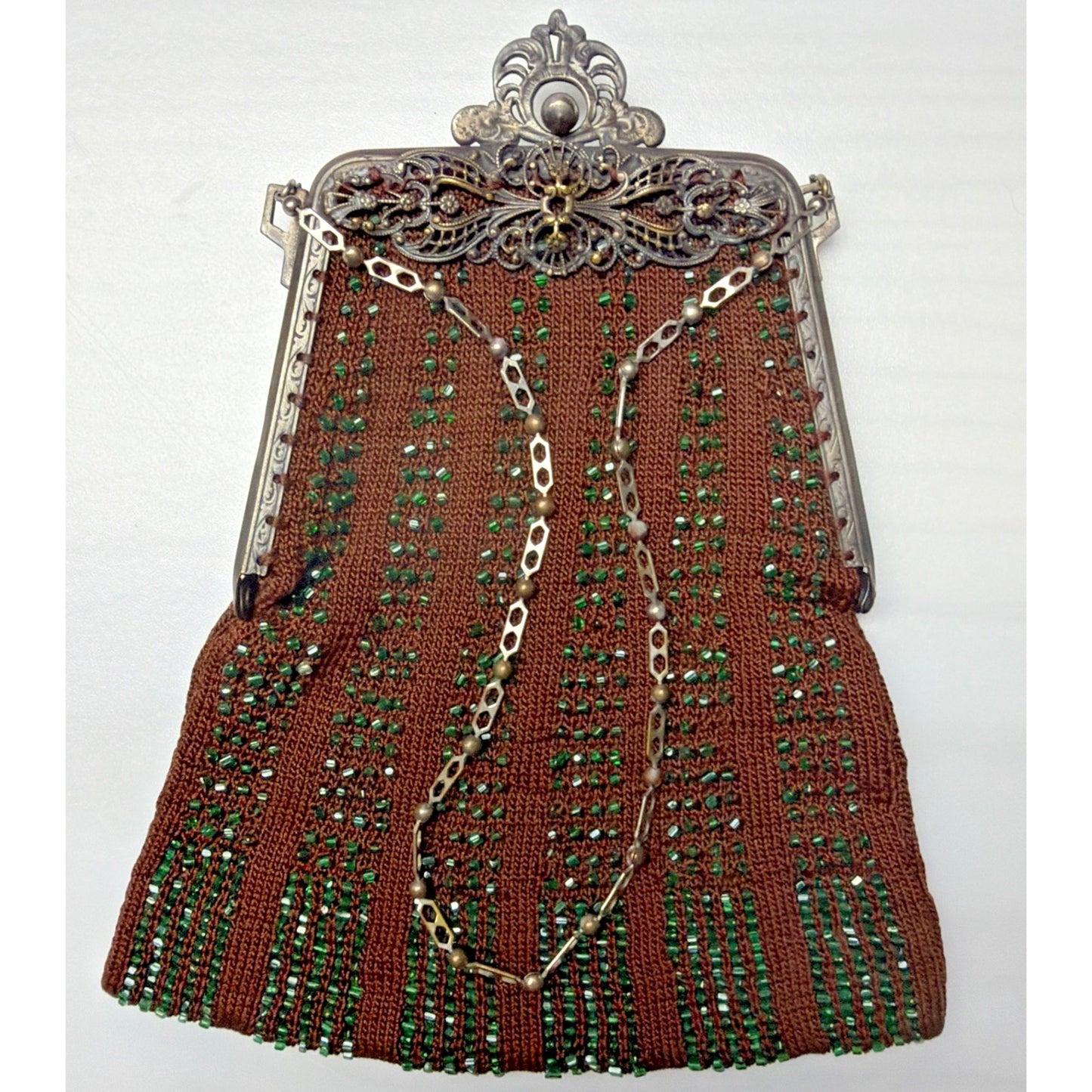 Antique Crochet Brown Green Micro Bead Purse Ornate Metal Frame Kiss Lock Strap