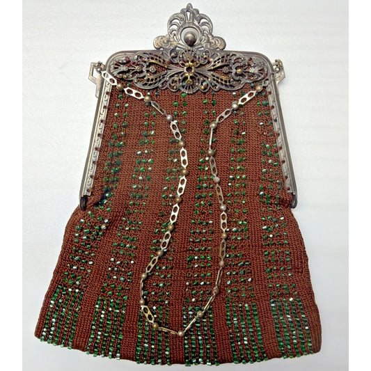 Antique Crochet Brown Green Micro Bead Purse Ornate Metal Frame Kiss Lock Strap