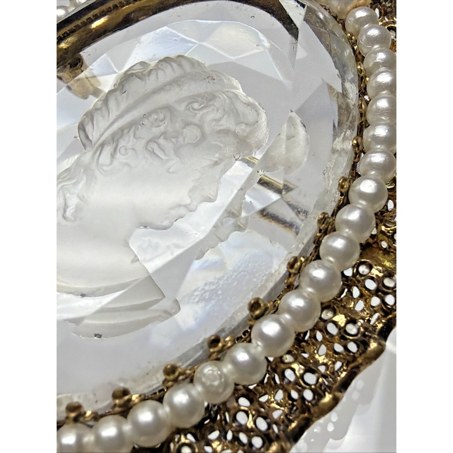 West Germany Intaglio Victorian Cameo Faceted Brooch Filigree Mini Faux Pearls
