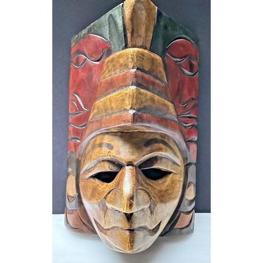 Vintage Mayan Aztec Carved Hand Painted Warrior Chief Mask Totem Tiki Wall Art