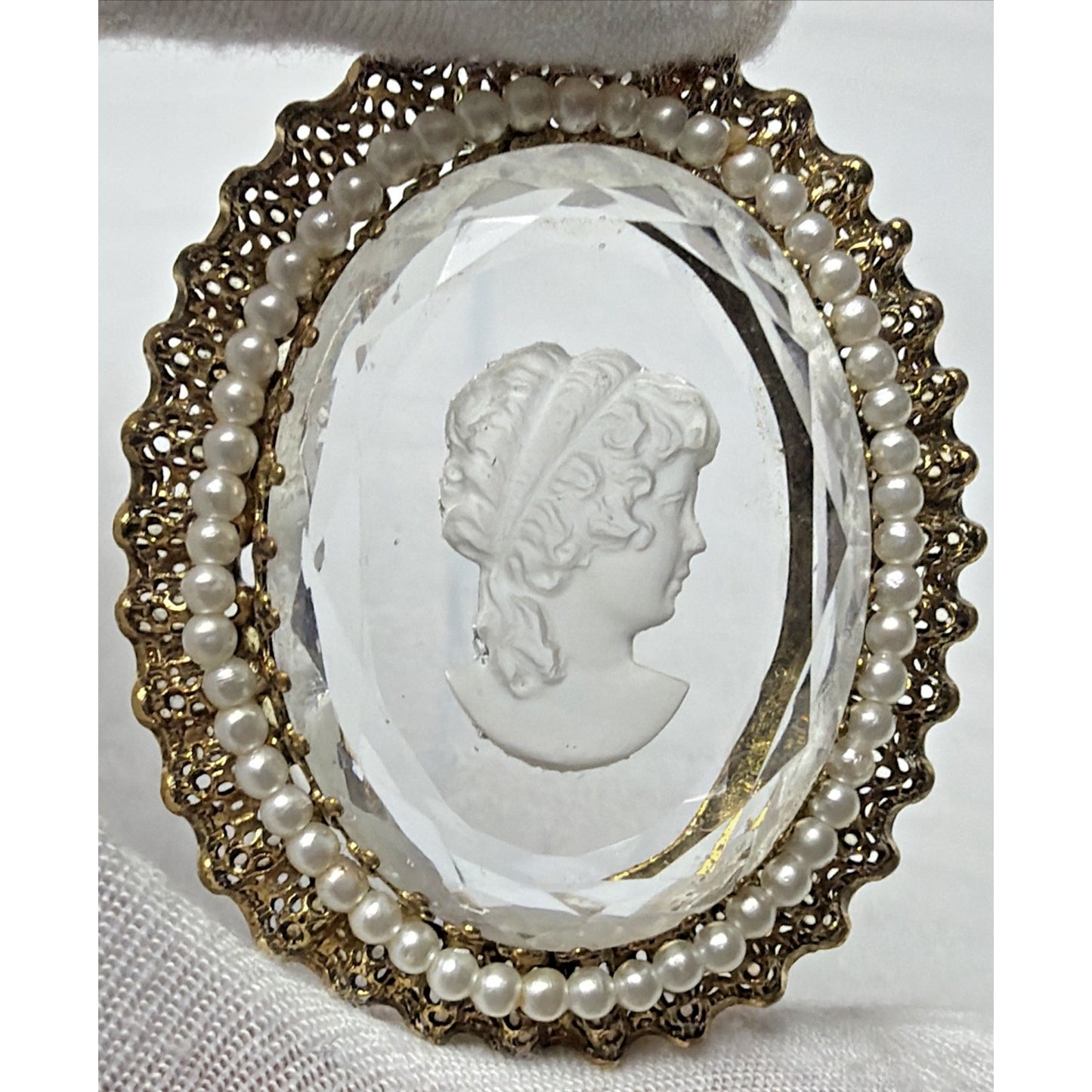 West Germany Intaglio Victorian Cameo Faceted Brooch Filigree Mini Faux Pearls
