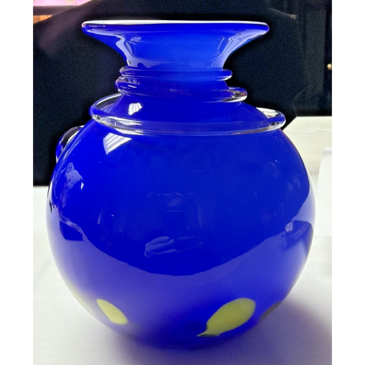 Modern Cobalt Blue Abstract Cased Art Glass Vase Spiral Confetti Spots