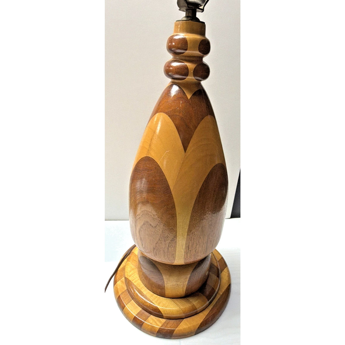 MCM Large Inlaid Wood Hand Turned Table Lamp Marquetry Parquetry No Shade