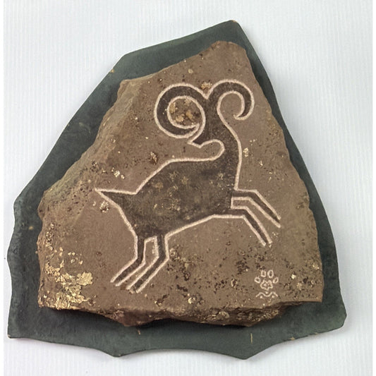 Vtg Pete Cattermole Studio Bighorn Sheep Ram Petroglyph Stone Handmade Plaque