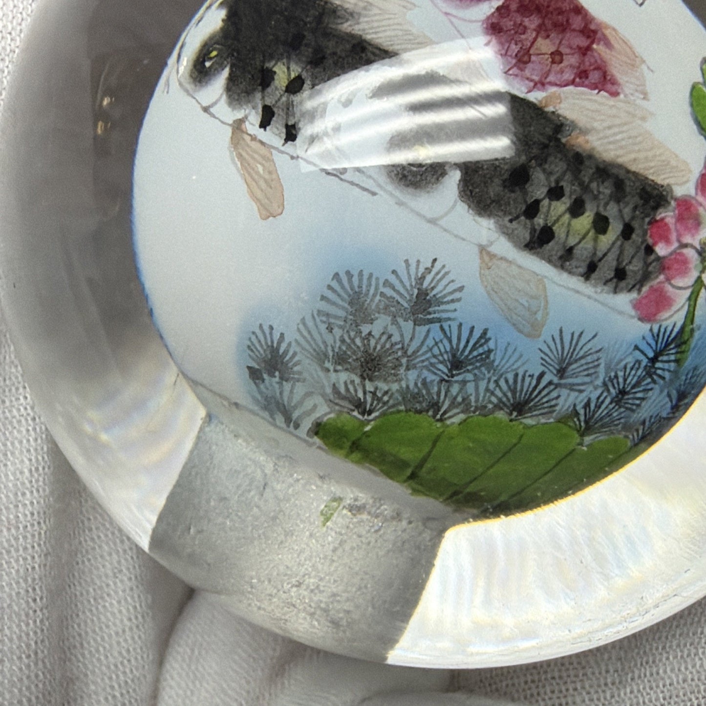 Vtg Asian Reverse Painted Glass Ball Paperweight Fish Lotus Tree Plenty of Fish