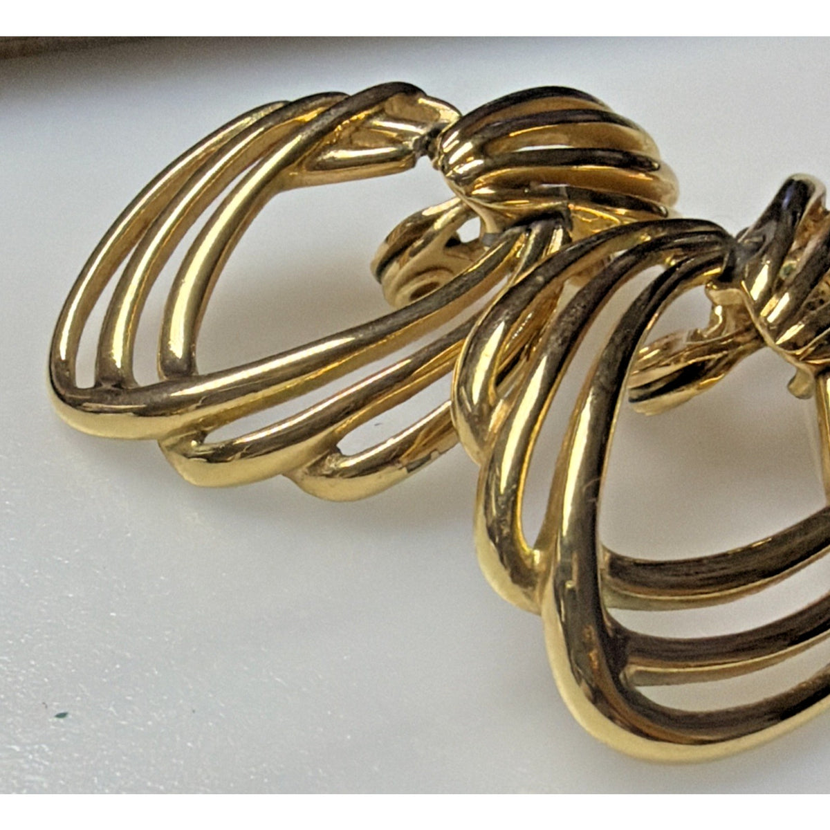 Vintage Monet Earrings Gold Tone Door Knocker Dangle Clip On Triple Hoop