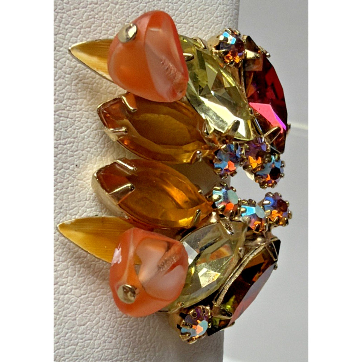 Vintage Yellow Amber Topaz Rhinestone Art Glass Window Bead Givre Clip Earrings