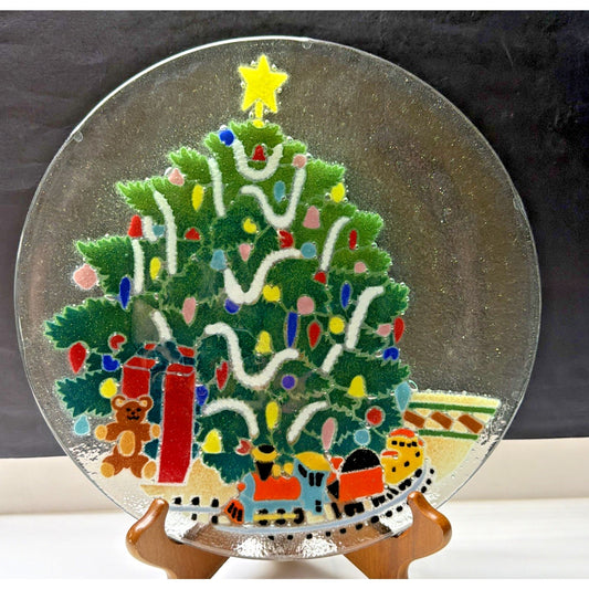 Vintage Peggy Karr Fused Glass Christmas Tree Toy Train Platter Teddy Bear