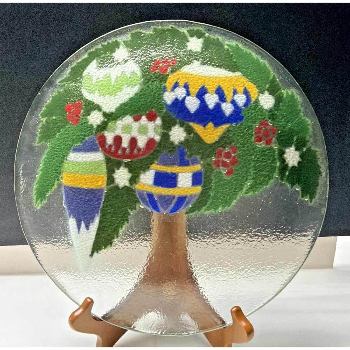 Vintage Peggy Karr Fused Glass Holiday Ornaments Holly Platter Signed