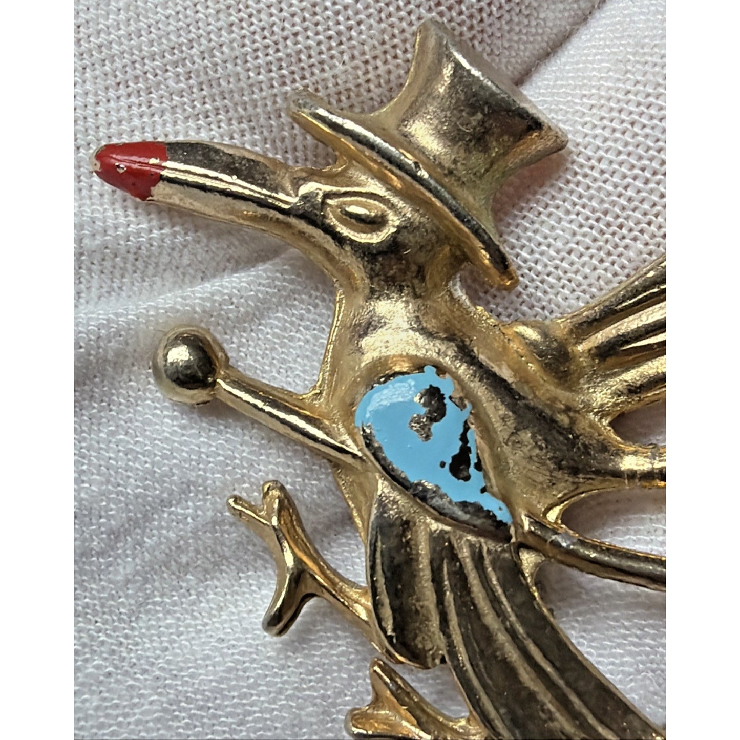 Vintage Roadrunner Natty Bird Pin Brooch Stork Gold Tone Enamel Top Hat Cane