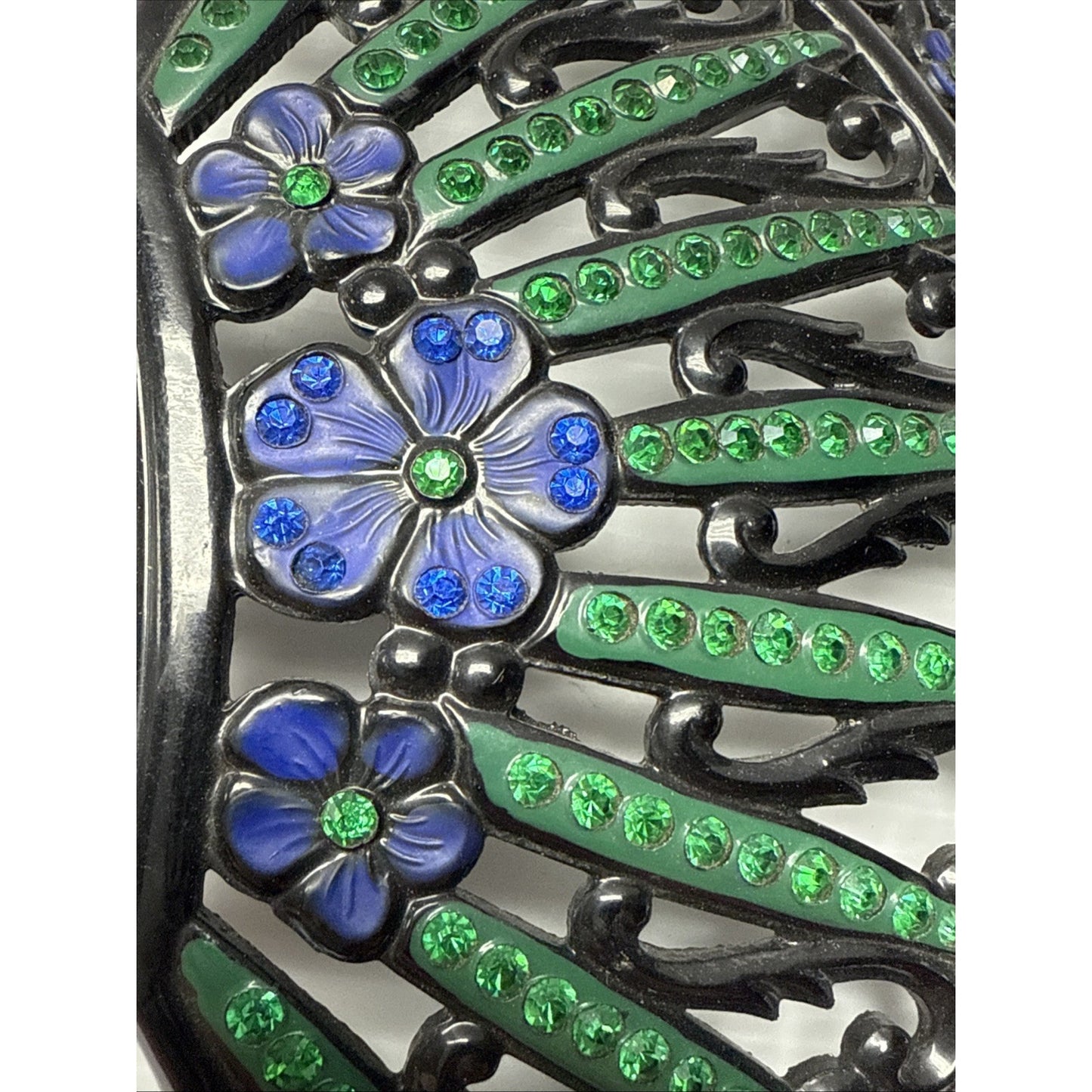 Art Deco Large Fan Shape Hair Comb Black Celluloid Rhinestone Flower Blue Green