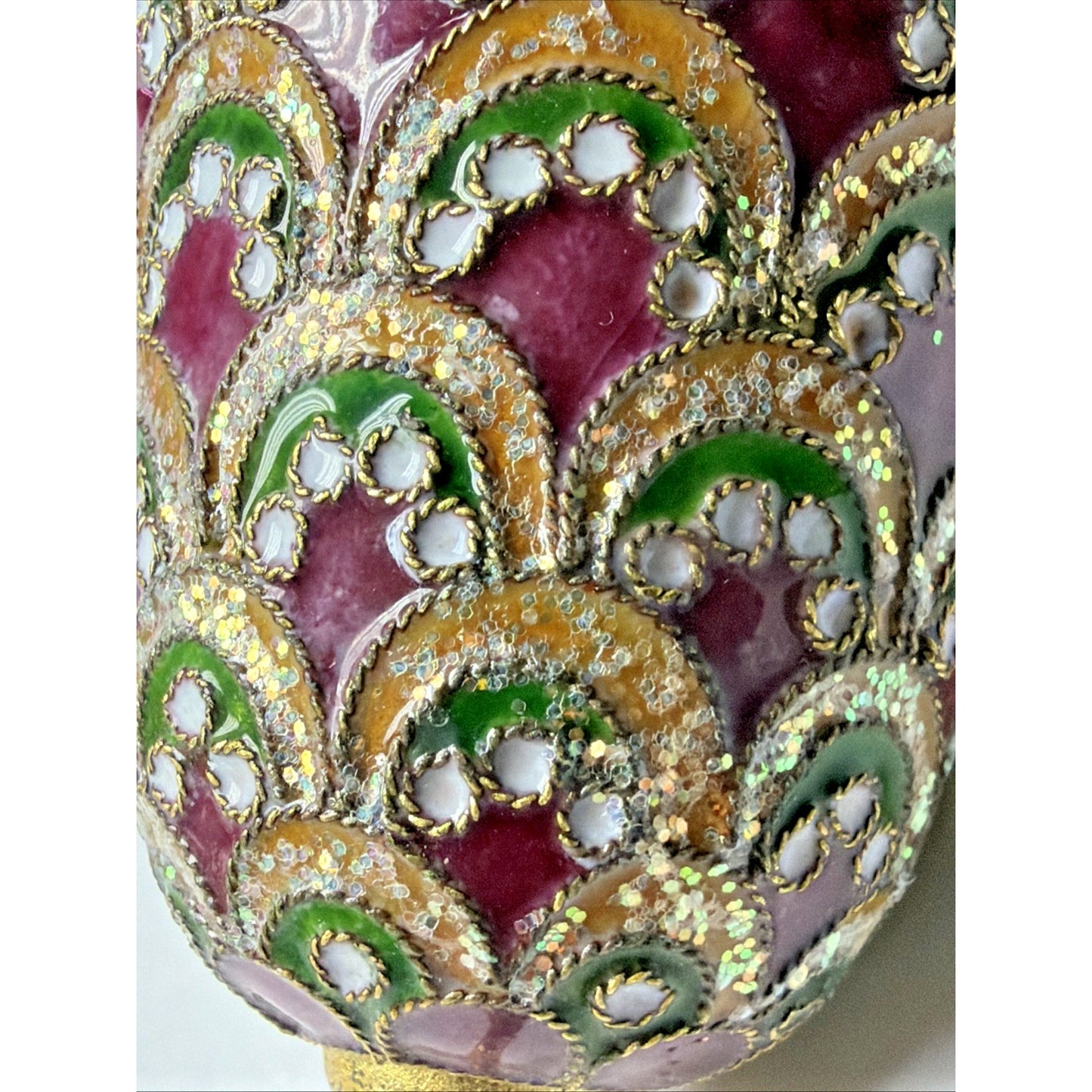 Vtg Enamel Cloisonné Bell Ornament Purple Green Gold Scallop Tree Feather As Is