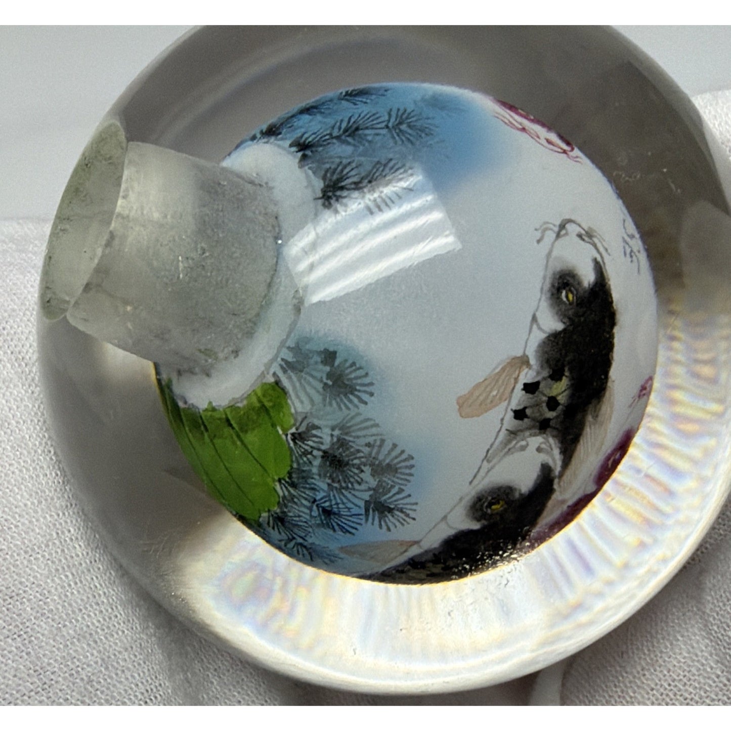 Vtg Asian Reverse Painted Glass Ball Paperweight Fish Lotus Tree Plenty of Fish