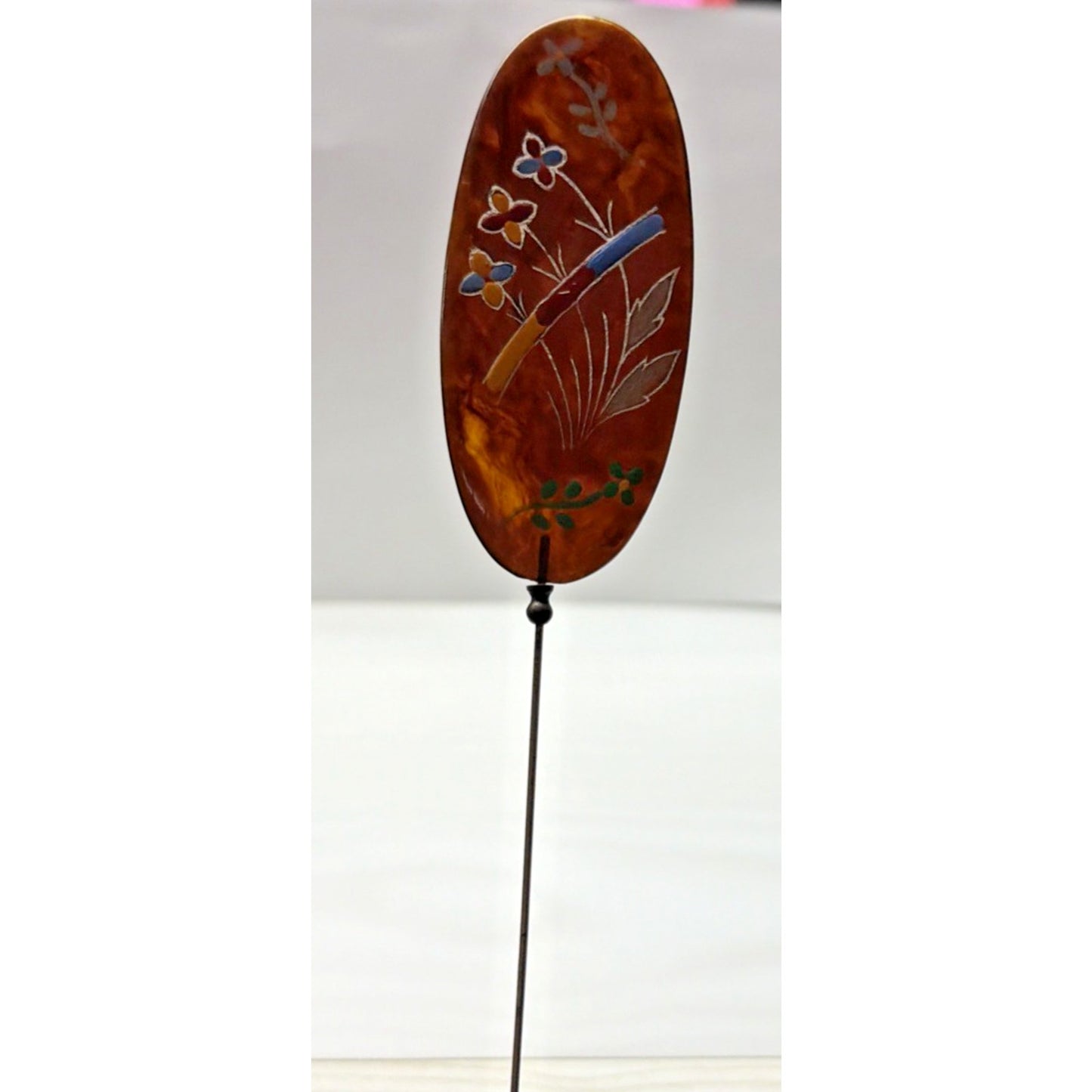 Art Deco Tortoise Shell Hair Pin Stick Pin Faux Hand Painted Enameled As Is