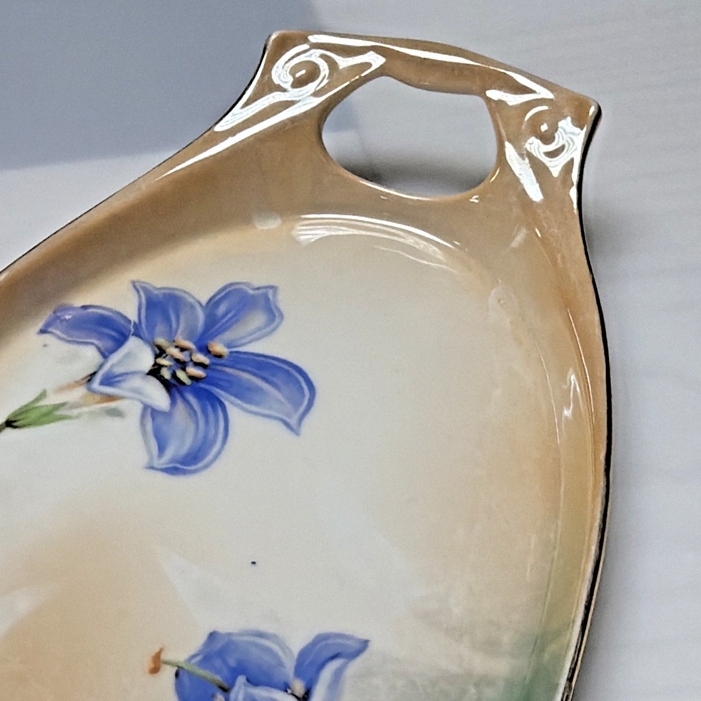 Antique RS Germany Hand Painted Luster Celery Tray Purple Floral Serving Vanity