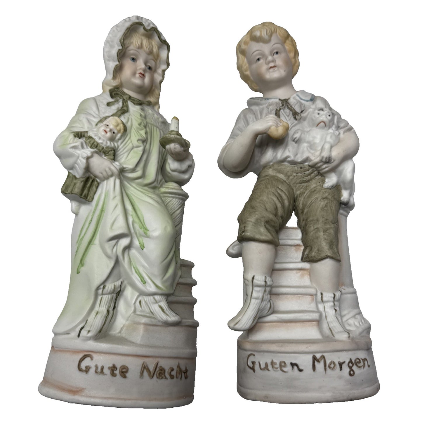 Vtg Pair Germany Bisque Porcelain Figurines Good Night Morning Boy Girl Puppy