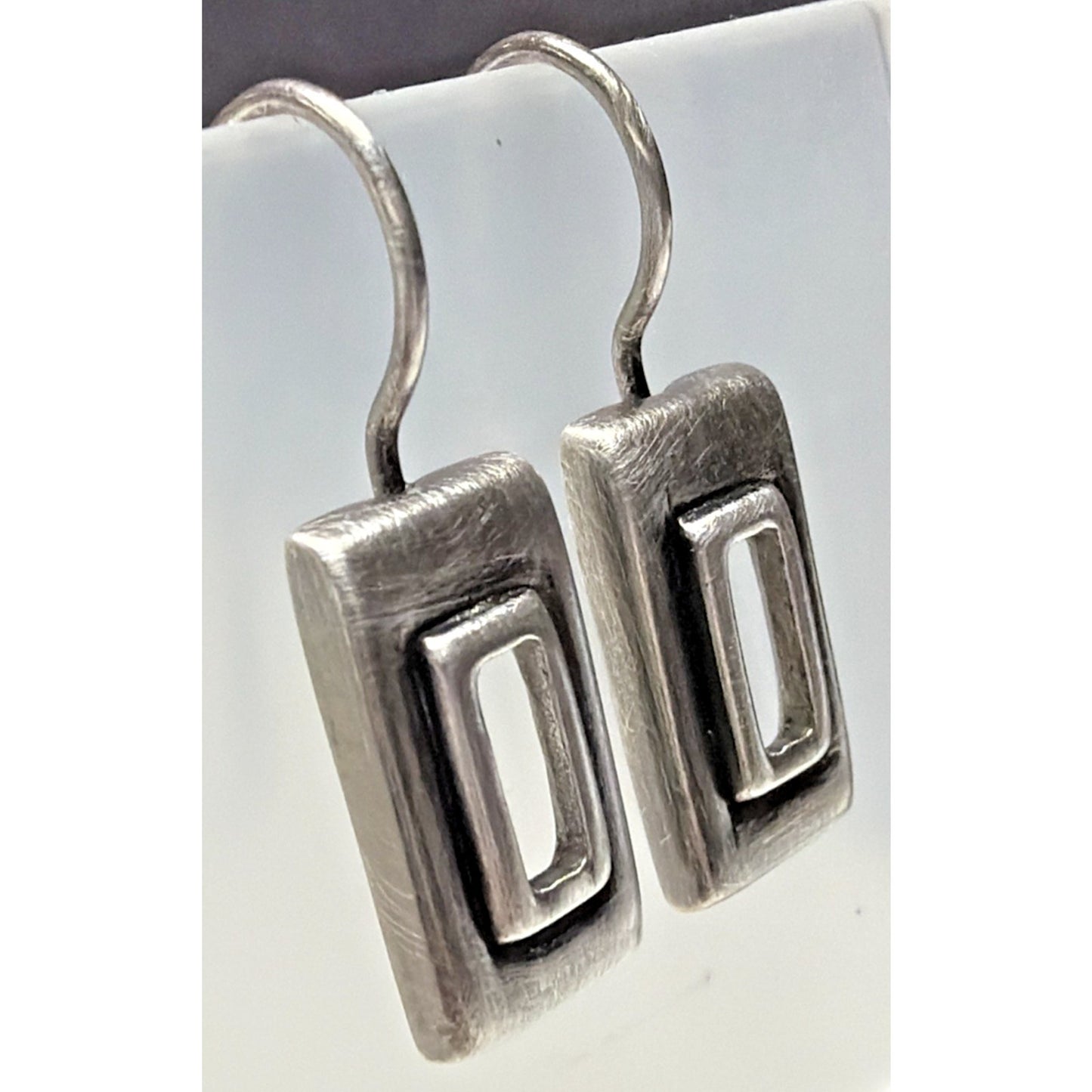 Vintage Sterling Silver 925 Modernist Rectangle Picture Frame Earrings Hook