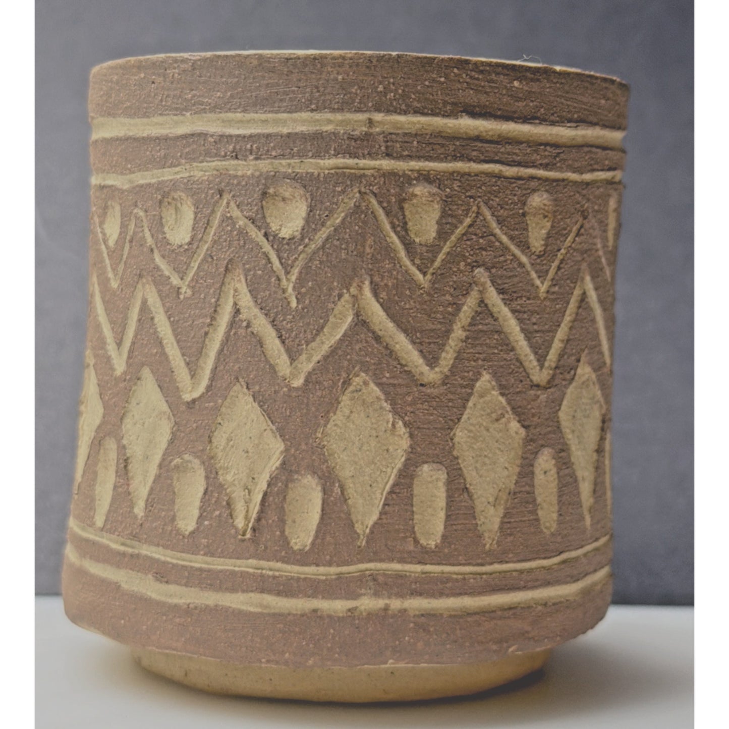 Vintage Boynton Art Pottery Abstract Vase Cup Planter Signed Brown Tan