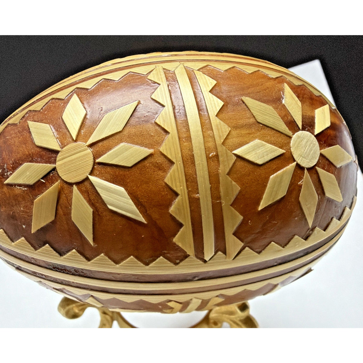 Pysanka Wooden Easter Egg Ukrainian Pysanky Carved Straw Starburst Trypillian