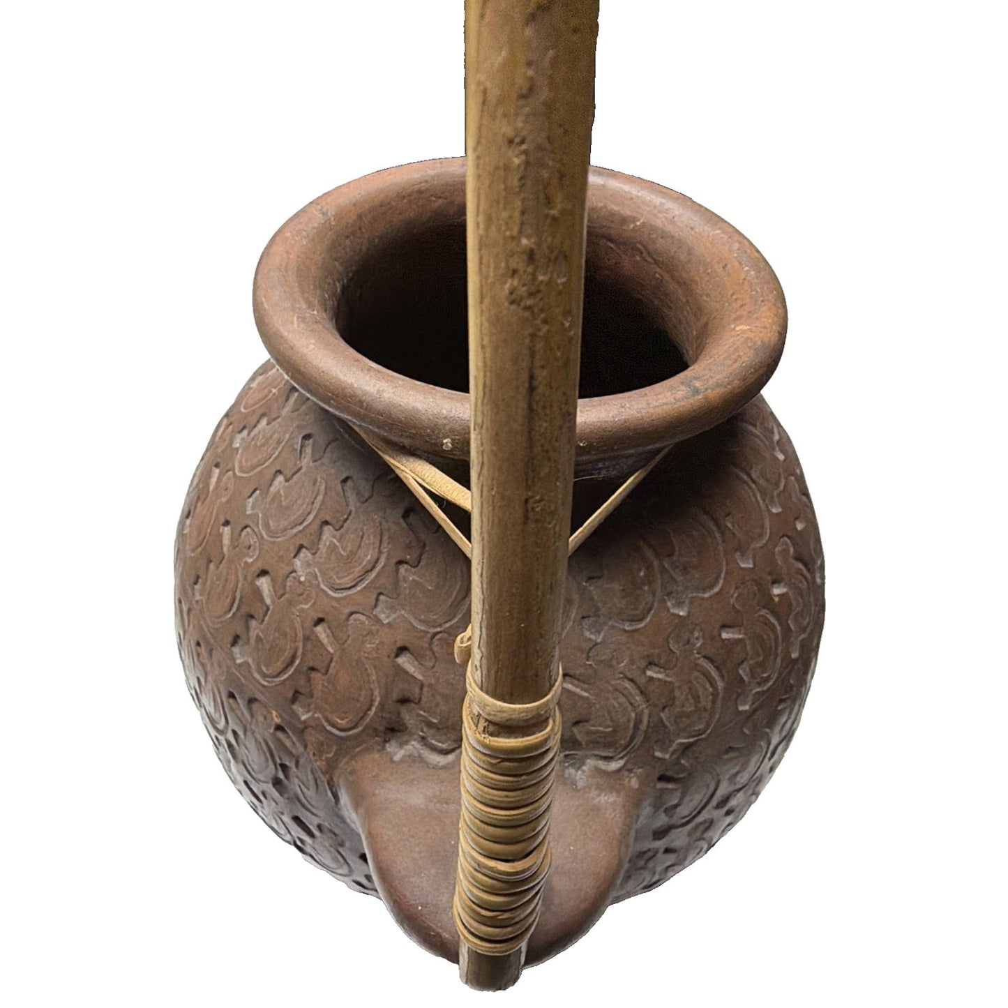Chinese Asian Earthenware Pot Jar Vessel Bamboo Handle Impressed Symbols As Is